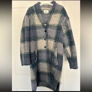Isabel Marant Etoile navy blue plaid wool overcoat, size FR 38, slight pilling